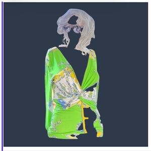 Emilio Pucci Neon Green Mixed-Print Twist Front Blouse